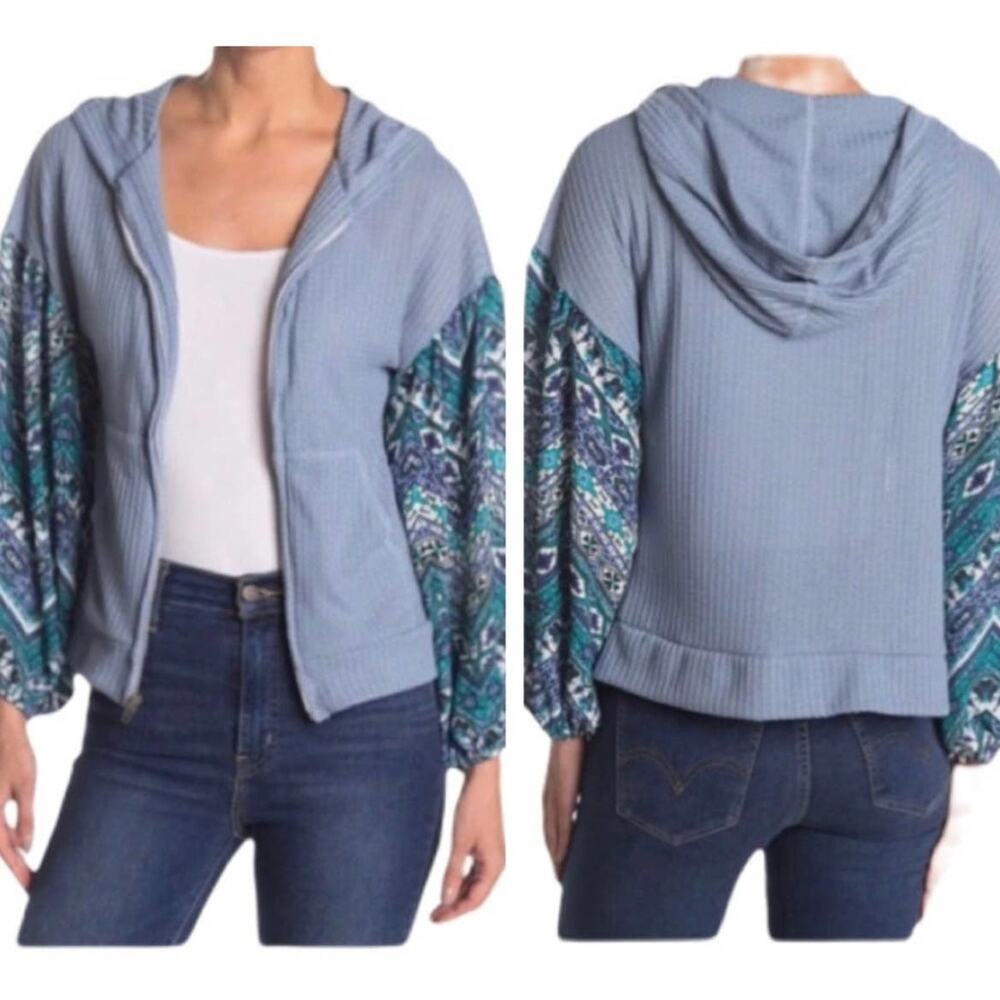 Baea Blue Floral Balloon Sleeve Thermal Knit Full Zip Hoodie Size Large NWT